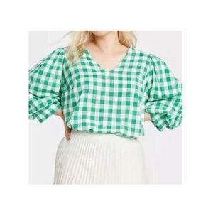 A NEW DAY Women's‎ Balloon Sleeve Green White Gingham Top Size 2X